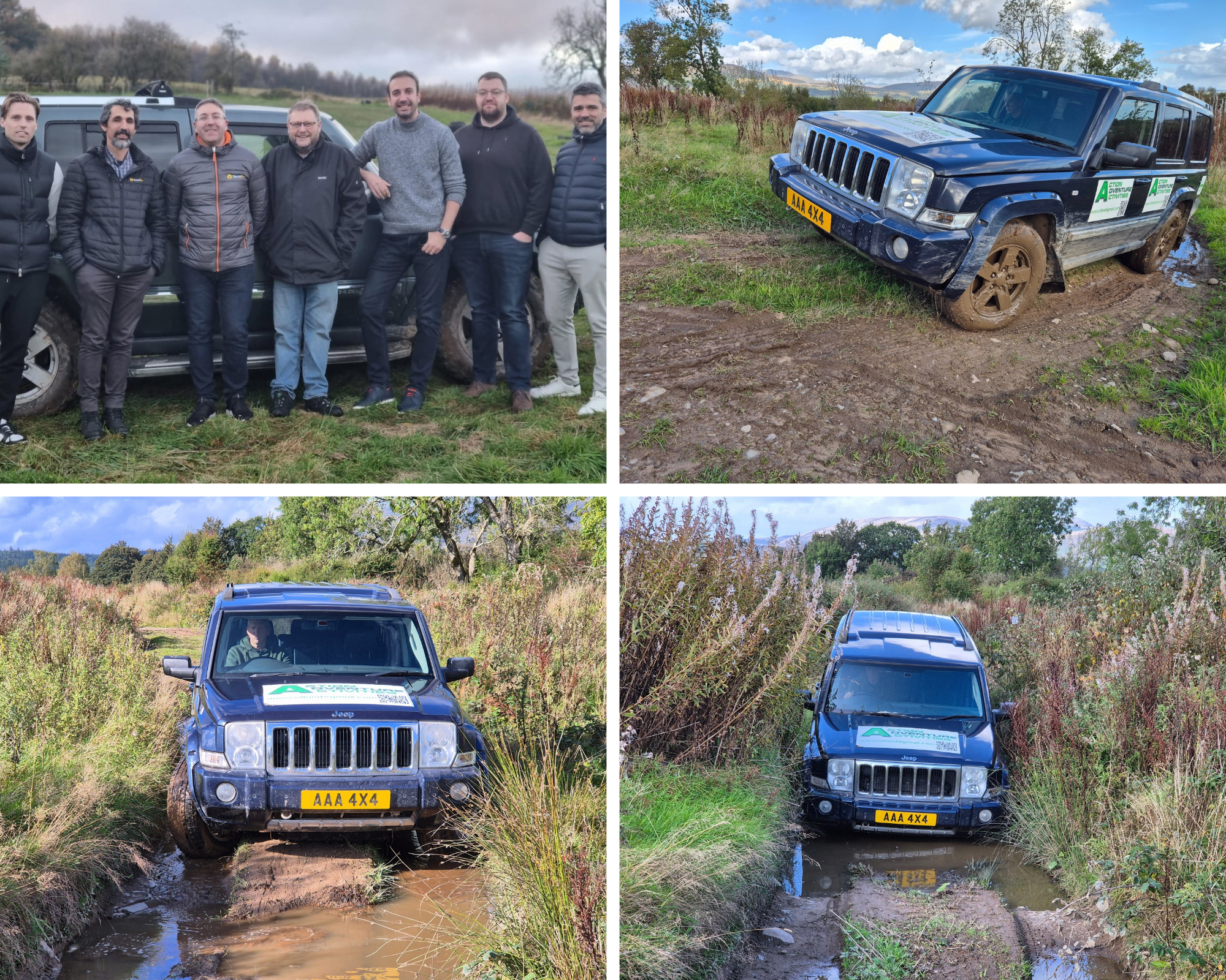 4 photo collage of a Jeep off road driving and a group of men infront of a jeep